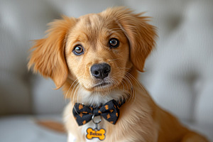 Adorable golden retriever puppy wearing a bow tie, showcasing a curious express, an Animal Photo by ImageMir