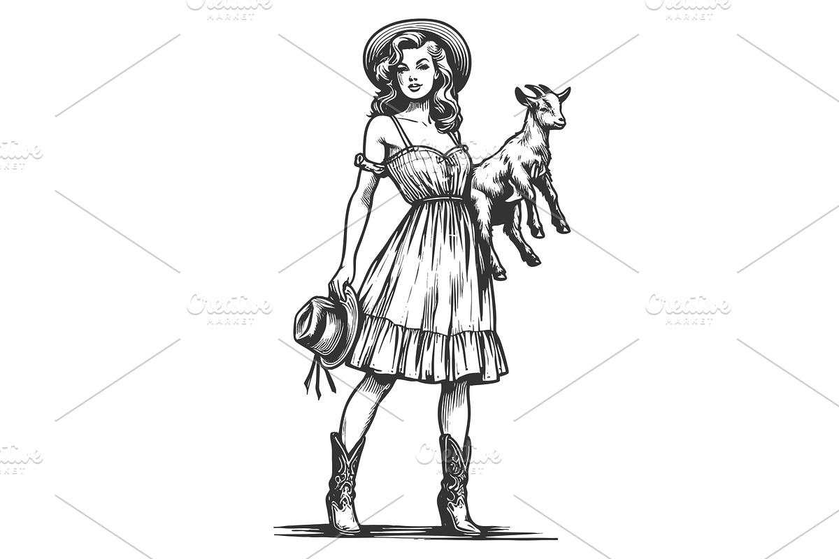 Farm Girl in Dress Baby Goat vector, a Person Illustration by AlexArt