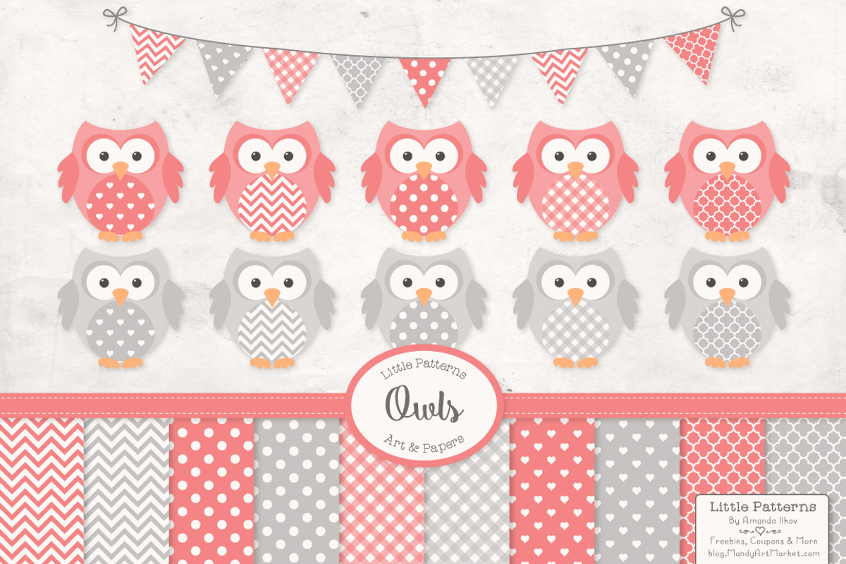 Coral & Grey Owl Vectors & Papers, an Animal Illustration by Amanda Ilkov (Photo 1 of 3)