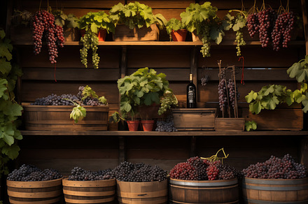 Wooden shelf with grapes in baskets, a Food & Drink Photo by Textures & Backgrounds