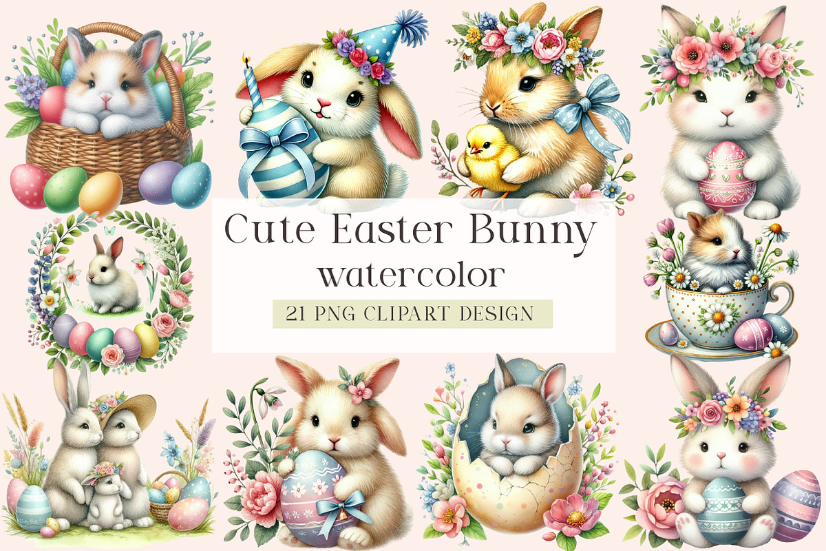 Cute Easter Bunny Clipart, an Illustration by DreamArtGraphic (Photo 1 of 4)