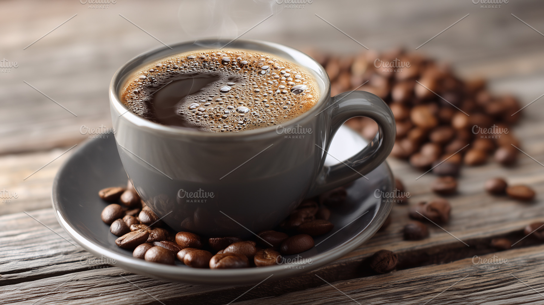 Steaming cup of rich aromatic coffee, a Food & Drink Photo by MistyDay