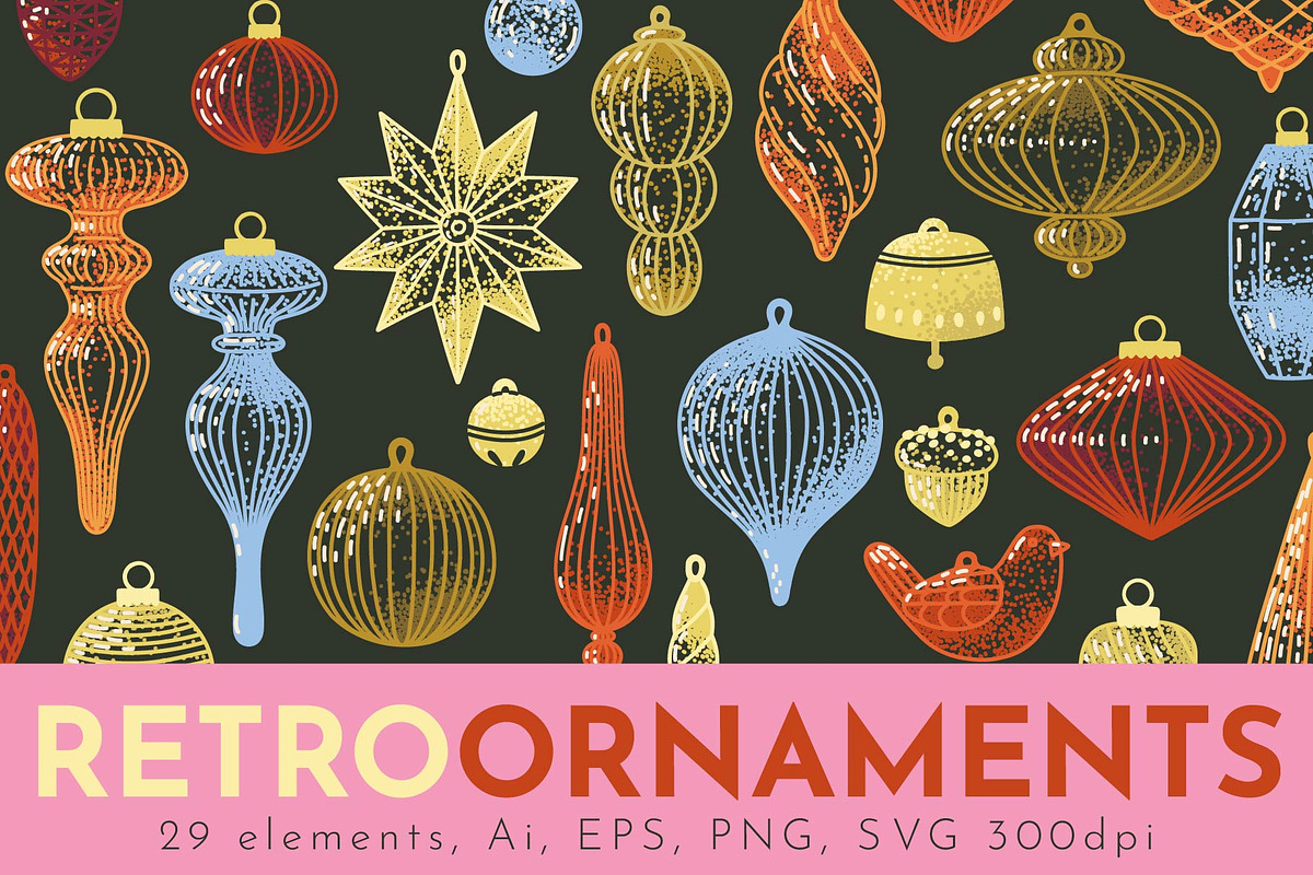 RETRO CHRISTMAS ORNAMENTS: clipart, a Seasonal Illustration by Elliko shop (Photo 1 of 7)