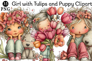Whimsical Girl with Tulips and Puppy, an Illustration by Daily.Designs