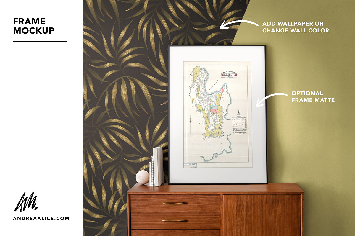 Framed Art Mockup on wood sideboard, a Household Mockup by Andrea Muller (Photo 2 of 6)