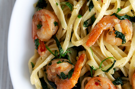 Homemade One-Pot Lemon Garlic Shrimp Pasta on a Plate on a white, a Food & Drink Photo by LiudmylaChuhunova