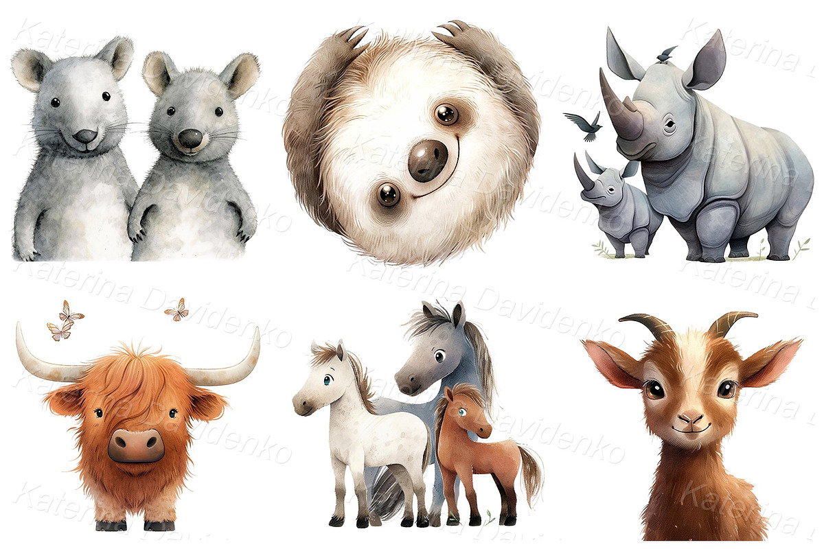 Watercolor cartoon animals bundle, an Animal Illustration by Bubert Art