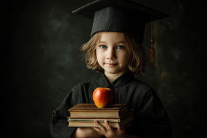 Young graduate with books and apple, a Photo by Beautiful things