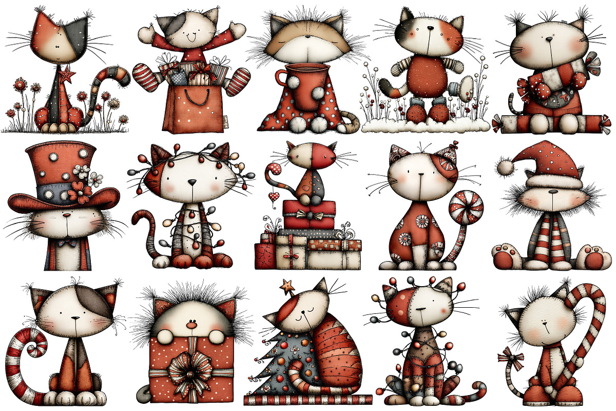 Whimsical Christmas Cats Clipart, an Illustration by Pixels.Craft (Photo 5 of 6)