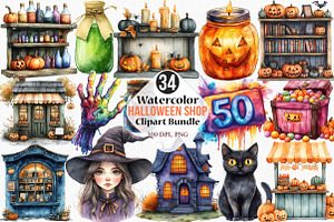 Watercolor Halloween Shop Clipart, an Illustration by Canvas Craft