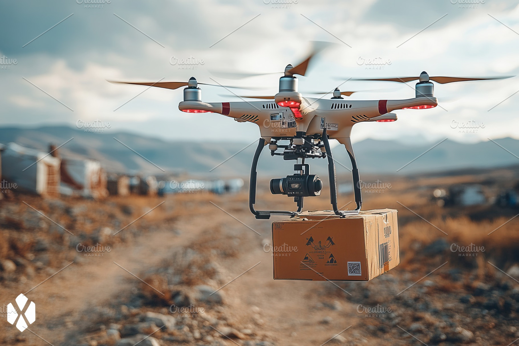 Drone delivering package along remot, a Photo by Tanuart