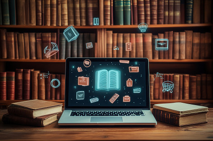 Open laptop showing floating books, a Photo by Pavel_design