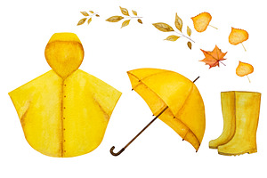Beautiful watercolor drawing of an umbrella and other things