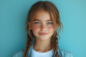 A young girl with long hair styled in braids, smiling gently against a calming, a Person Photo by ImageMir