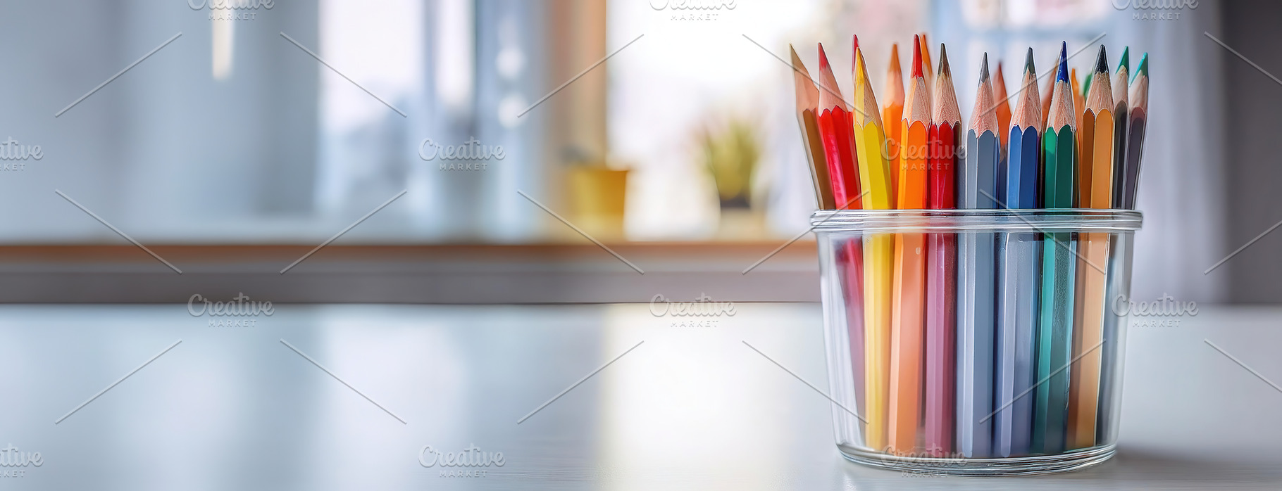 Glass jar filled with colorful pencils on desk, a School & Education Photo by Igor Tichonow