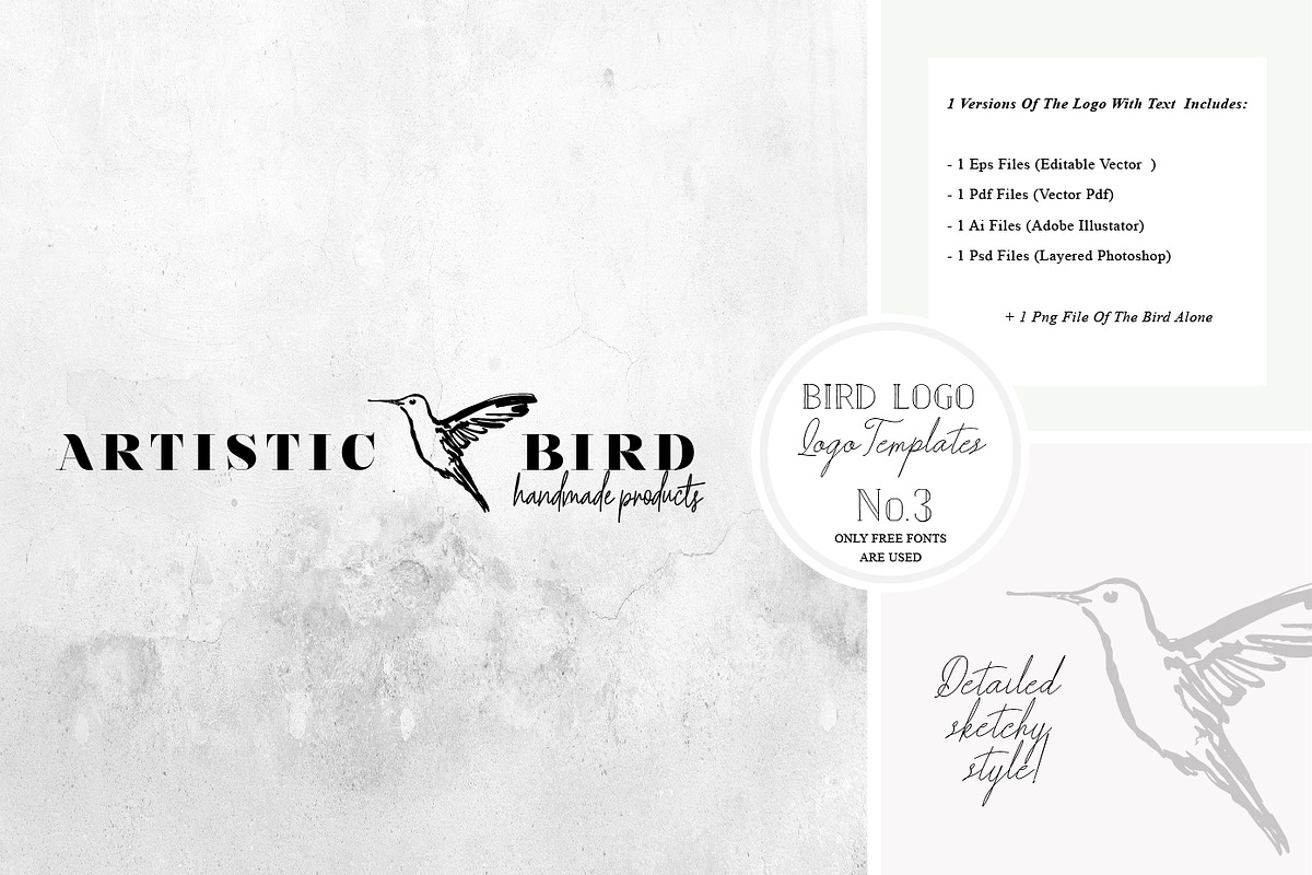 Bird Logo -Sketchy Artistic style 3, a Branding & Logo Template by Whimsical Logoshop