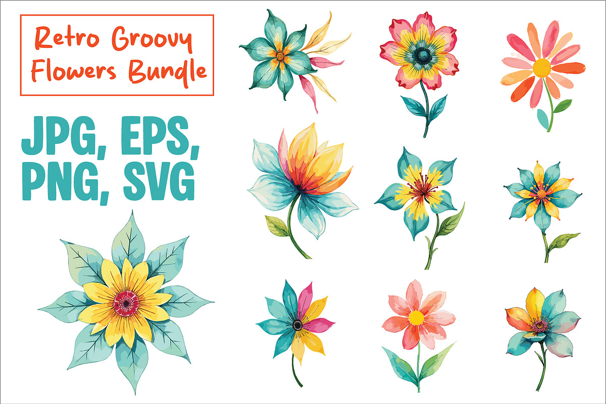 Retro Groovy Flowers Bundle, an Illustration by Amazin_art (Photo 1 of 11)