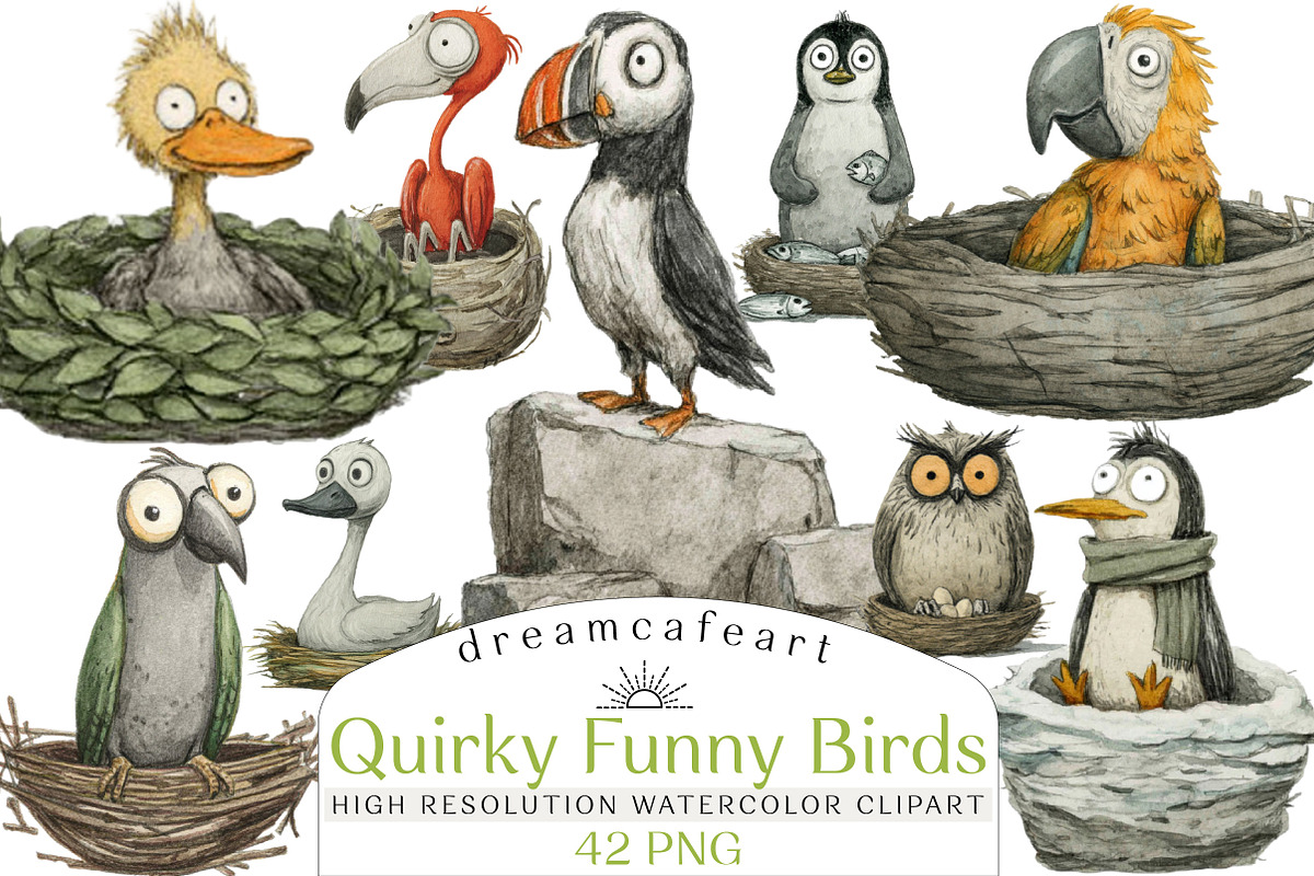 Quirky Funny Birds Clipart, an Illustration by DreamCafeArt (Photo 1 of 8)
