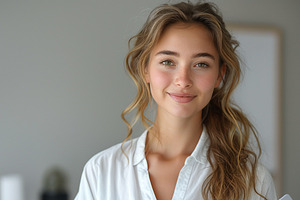 Smiling young woman with long, wavy hair in a bright atmosphere., a Person Photo by ImageMir
