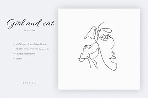 Girl and cat. Line Art Illustration, an Animal Illustration by lapi-olesya
