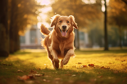 Retriever dog running in autumn park, an Animal Photo by AlyaAnd