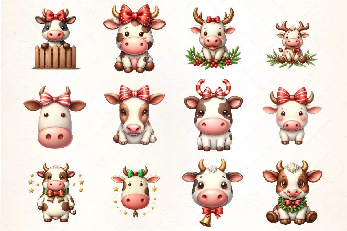 Christmas Cow Coquette Bow Clipart, an Illustration by CrexoraLab (Photo 3 of 5)