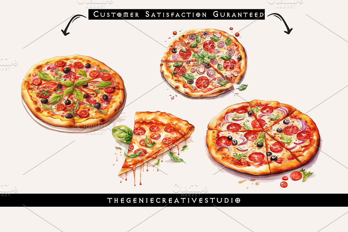Watercolor PNG Pizza Clipart, a Food Illustration by Geniecreativestudio (Photo 4 of 9)