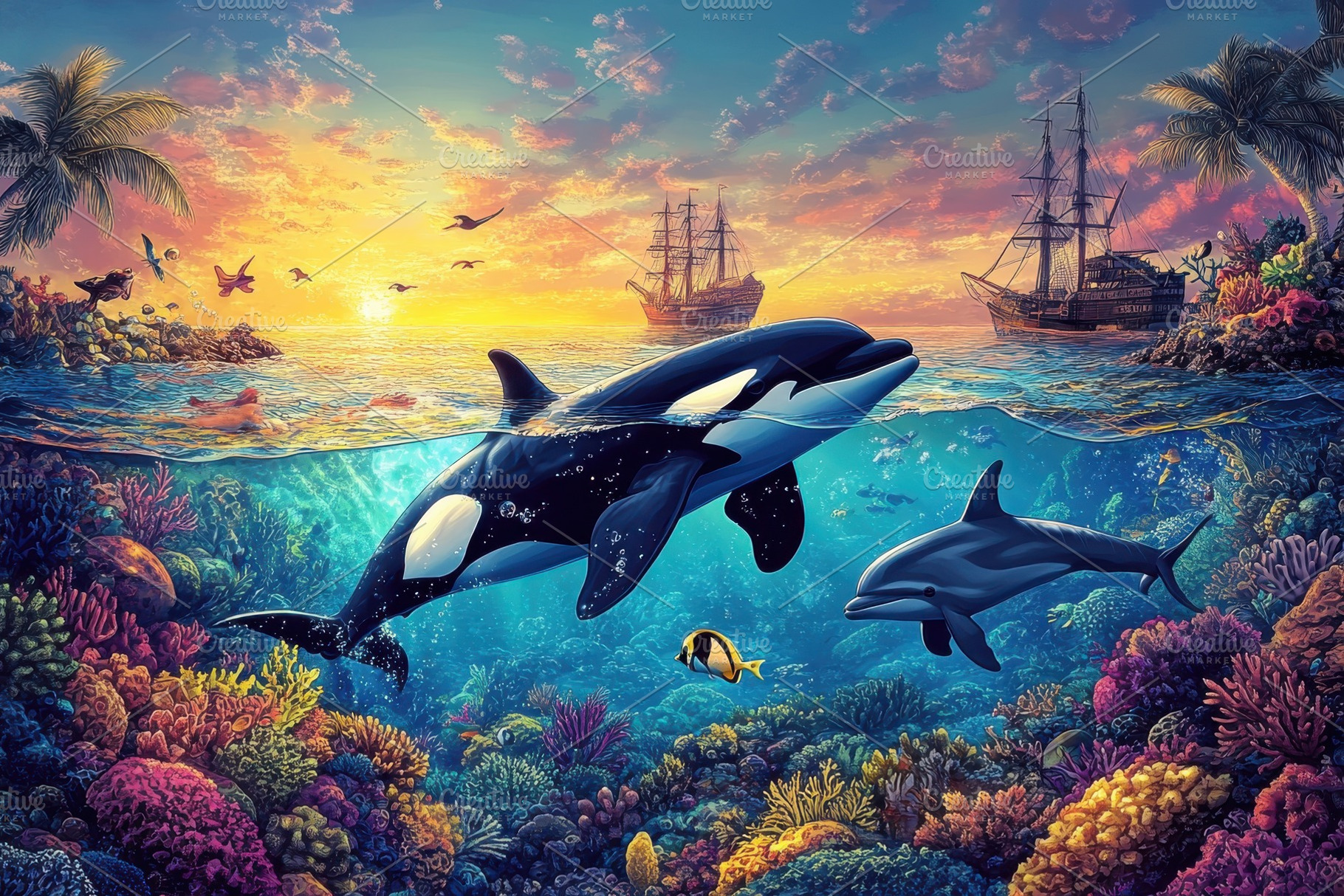 Orcas and Dolphins in Vibrant Coral, a Photo by Pixeness Studio