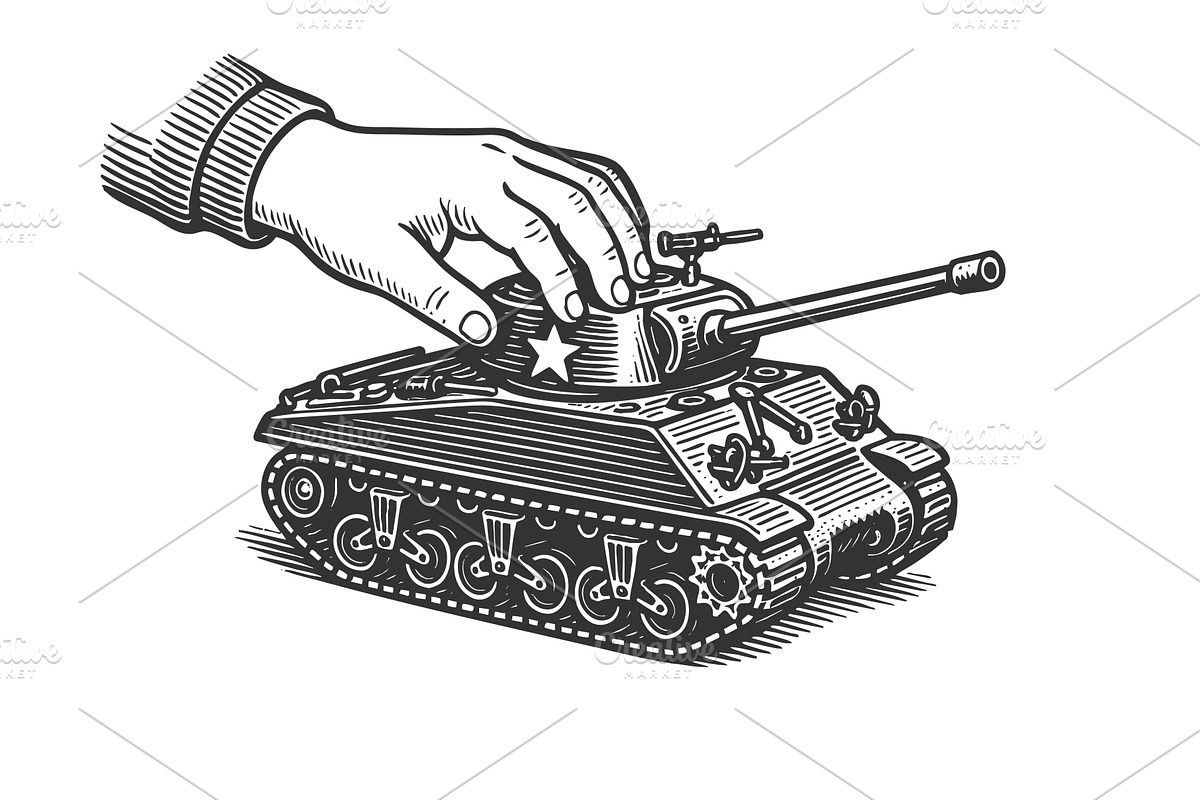 Hand Holding Toy Tank engraving, an Illustration by AlexArt