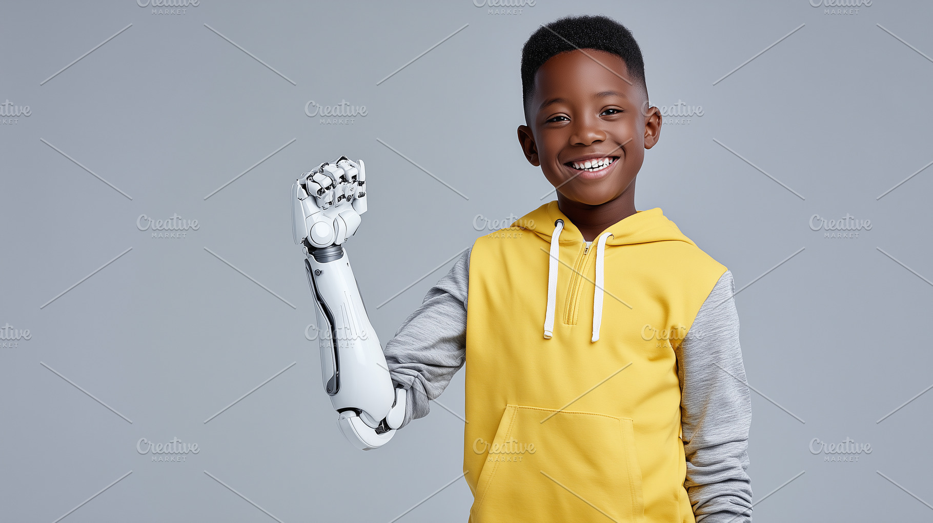 Happy black boy with robotic arm, a Health & Medical Photo by MistyDay