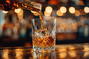 Pouring scotch whiskey from bottle into glass on blurred bar bac, a Food & Drink Photo by AlyaAnd