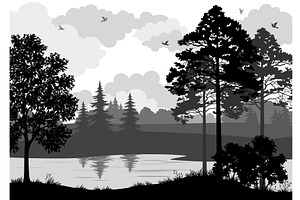 Landscape, Trees, River and Birds