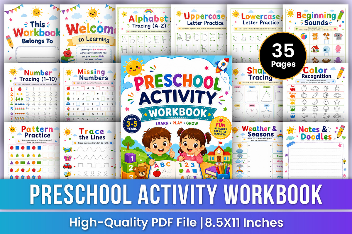 Preschool Activity Workbook | Learn, a Stationery Template by Mustafiz (Photo 1 of 5)