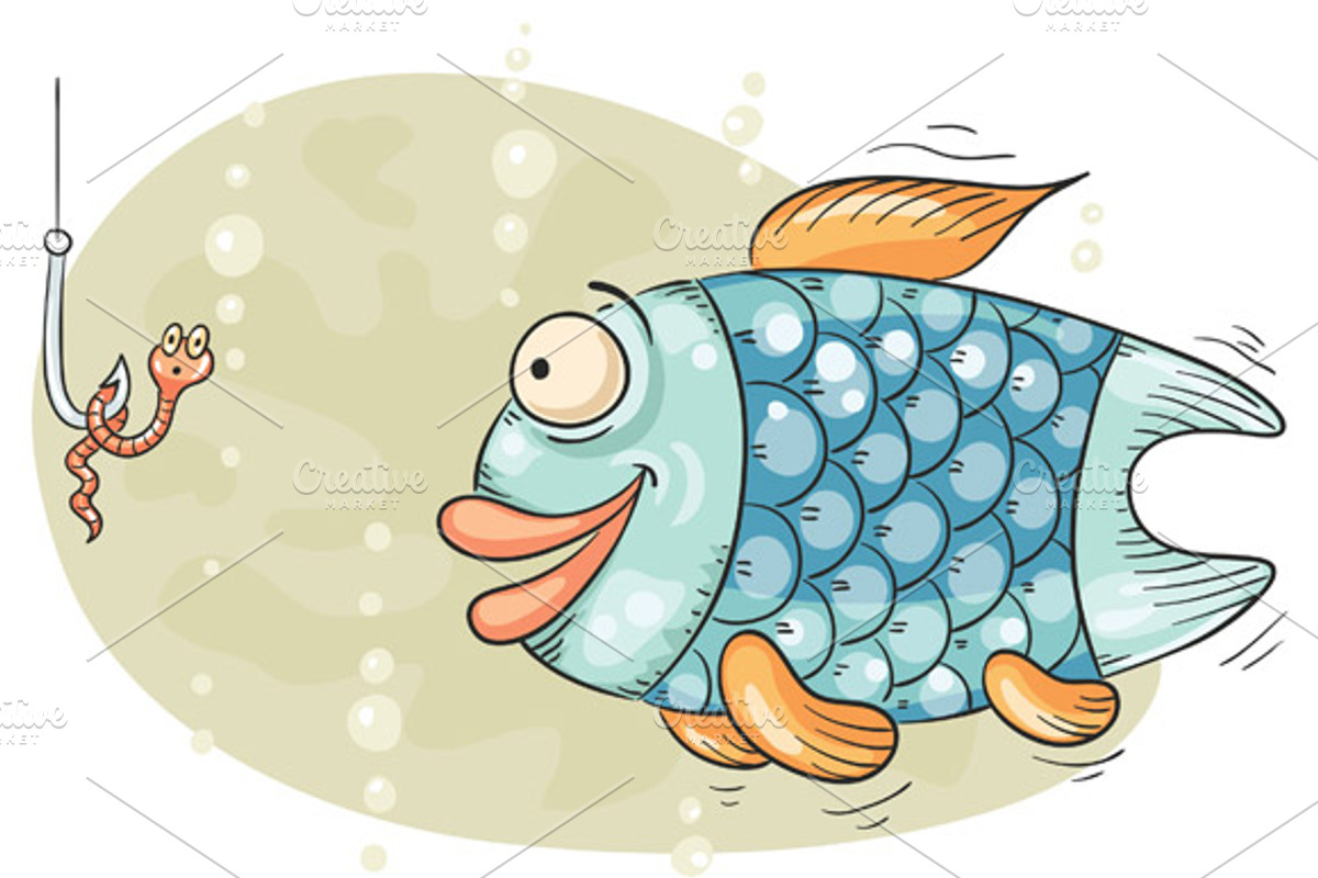 Hungry fish and the worm on hook, a Food Illustration by Bubert Art