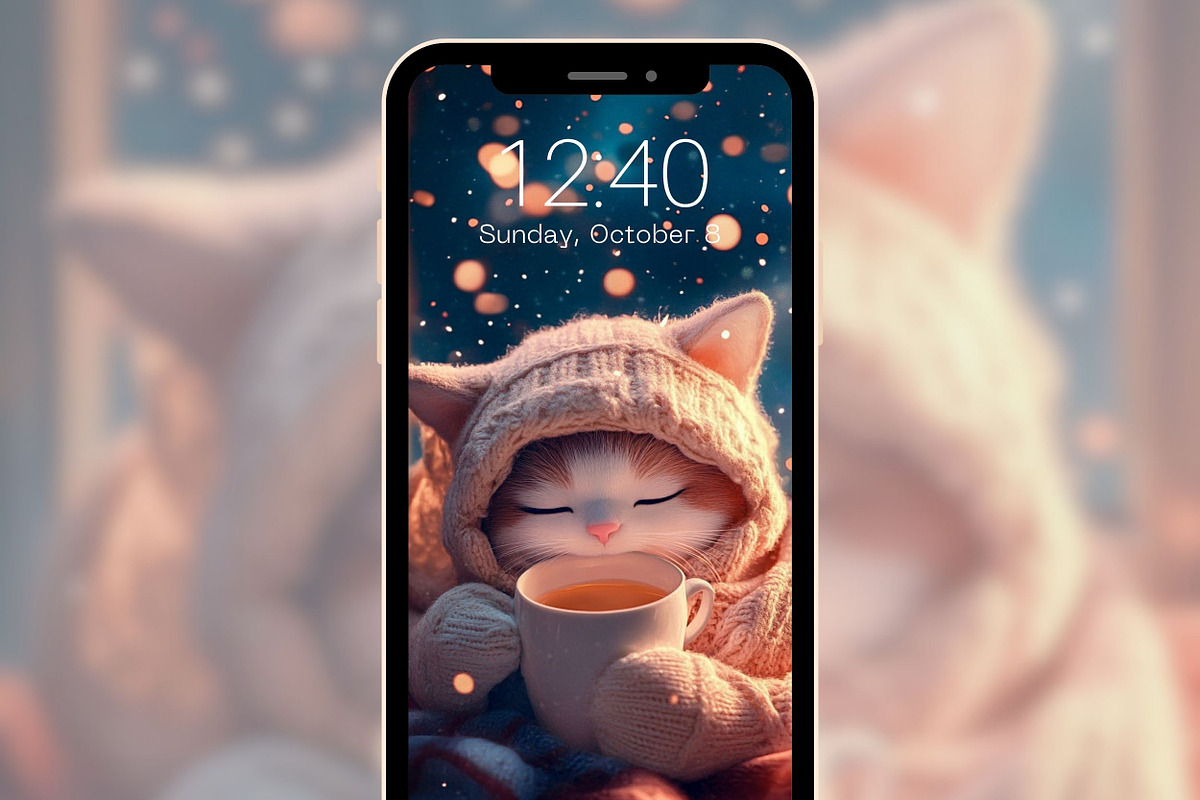 Cute Cozy Cat Phone & iPad Wallpaper, a Graphic by Kalindiprints (Photo 5 of 11)