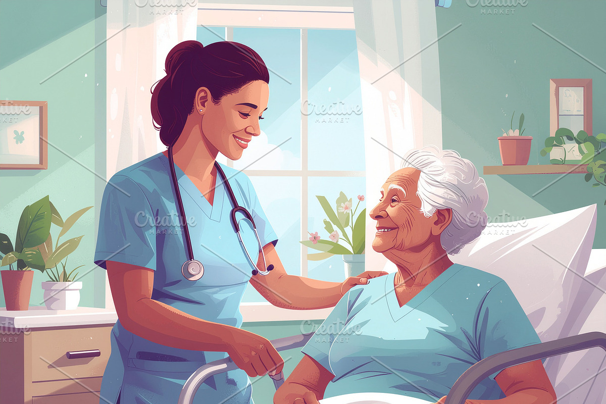 Healthcare worker checking vital signs at older pacient, a Healthcare Illustration by DanFLCreativo