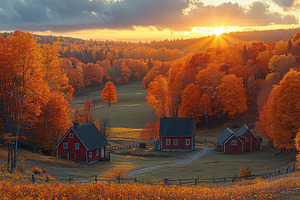 Vibrant autumn sunset over rural landscape with red houses and colorful trees, a Nature Photo by AlyaAnd