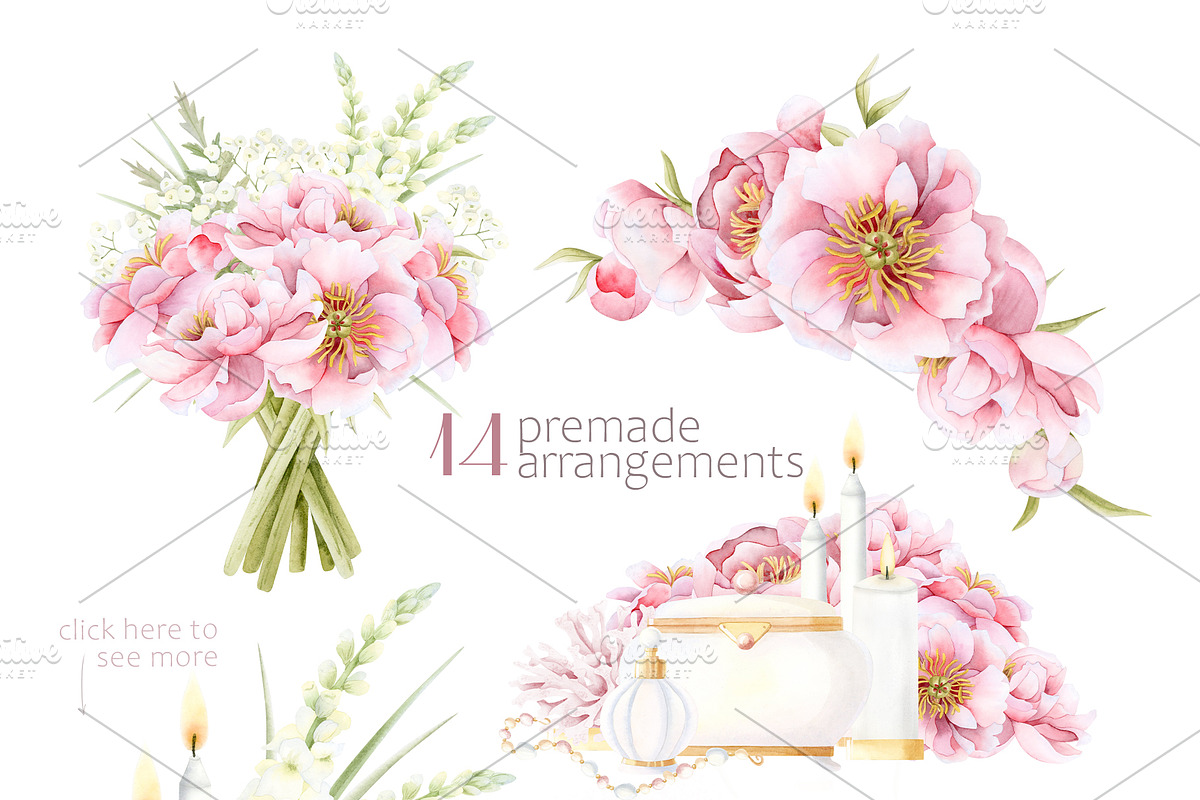Pink Peonies Watercolor Women Beauty, a Decorative Illustration by Elena Malgina Clipart (Photo 2 of 13)