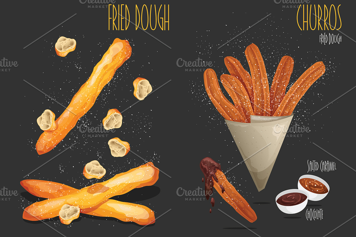 Fried dough, Churros. Vector, a Food Illustration by AKOMIX (Photo 1 of 2)
