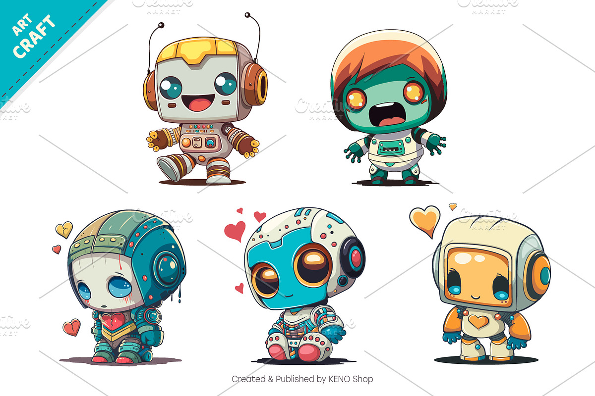 Bundle Cartoon Robots 01. T-Shirt., an Animal Illustration by KENO Mascots (Photo 2 of 3)