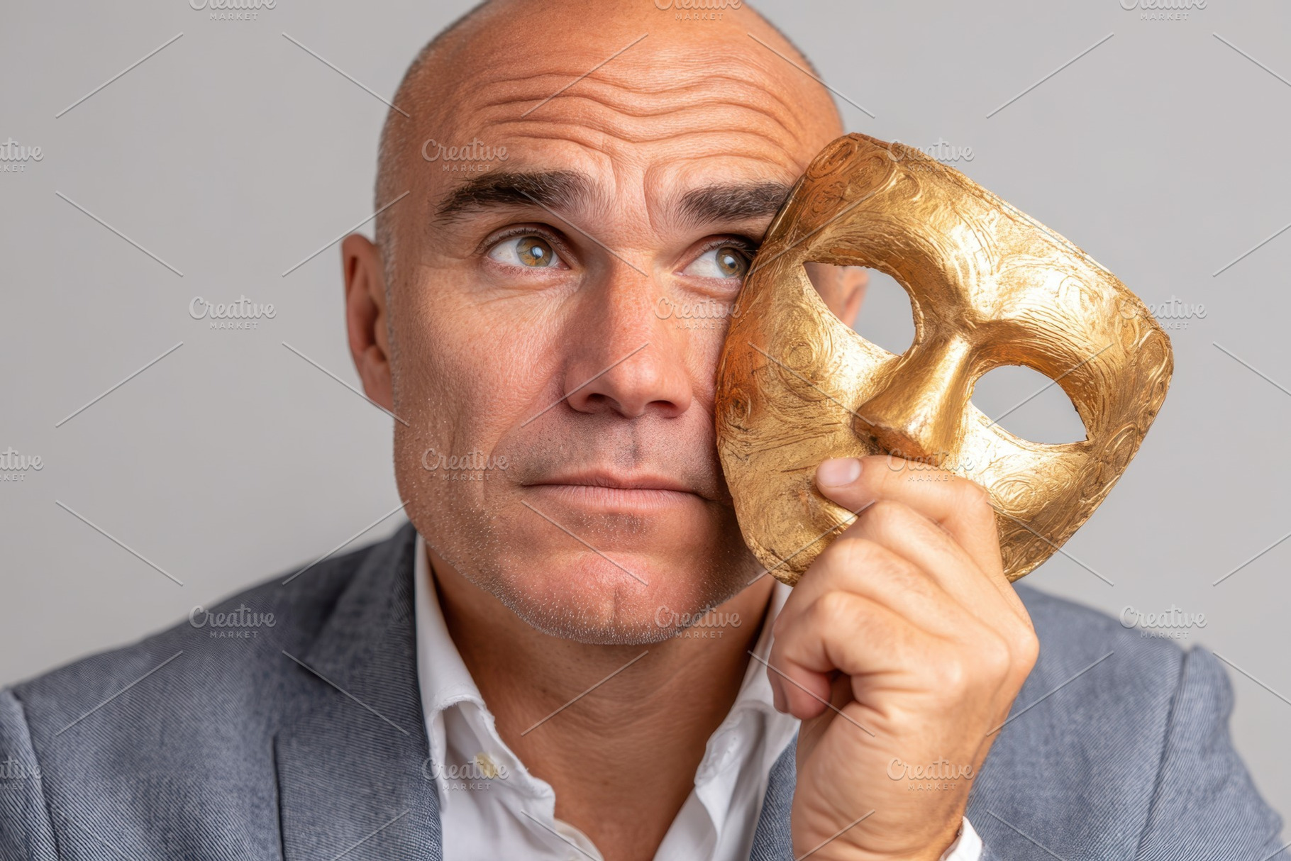 Man holding theatrical mask in contemplation, a Person Photo by AlyaAnd