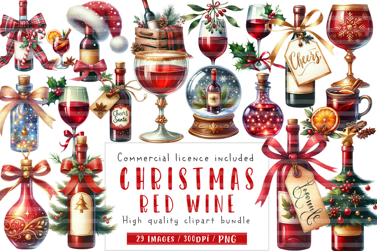 Christmas Red Wine Clipart, an Illustration by CreationArt (Photo 1 of 6)