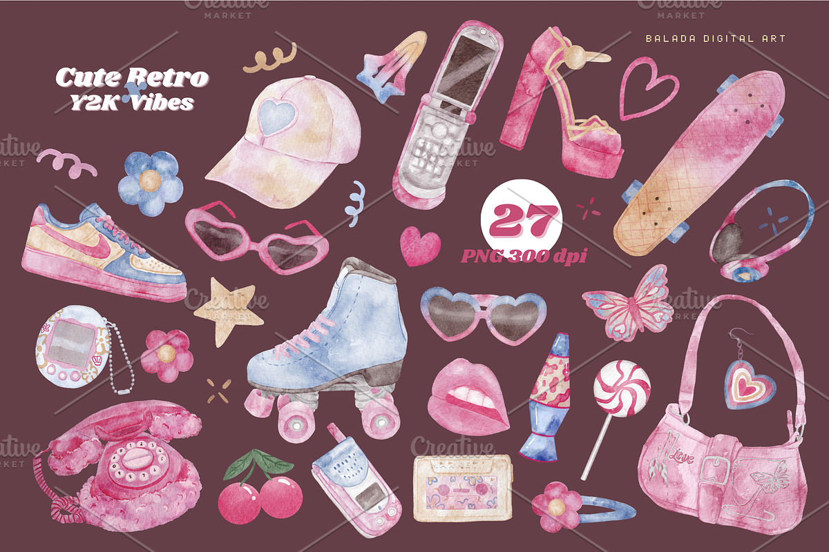 Y2k Retro Watercolor Clipart bundle, a Technology Illustration by Balada Digital Art (Photo 3 of 16)