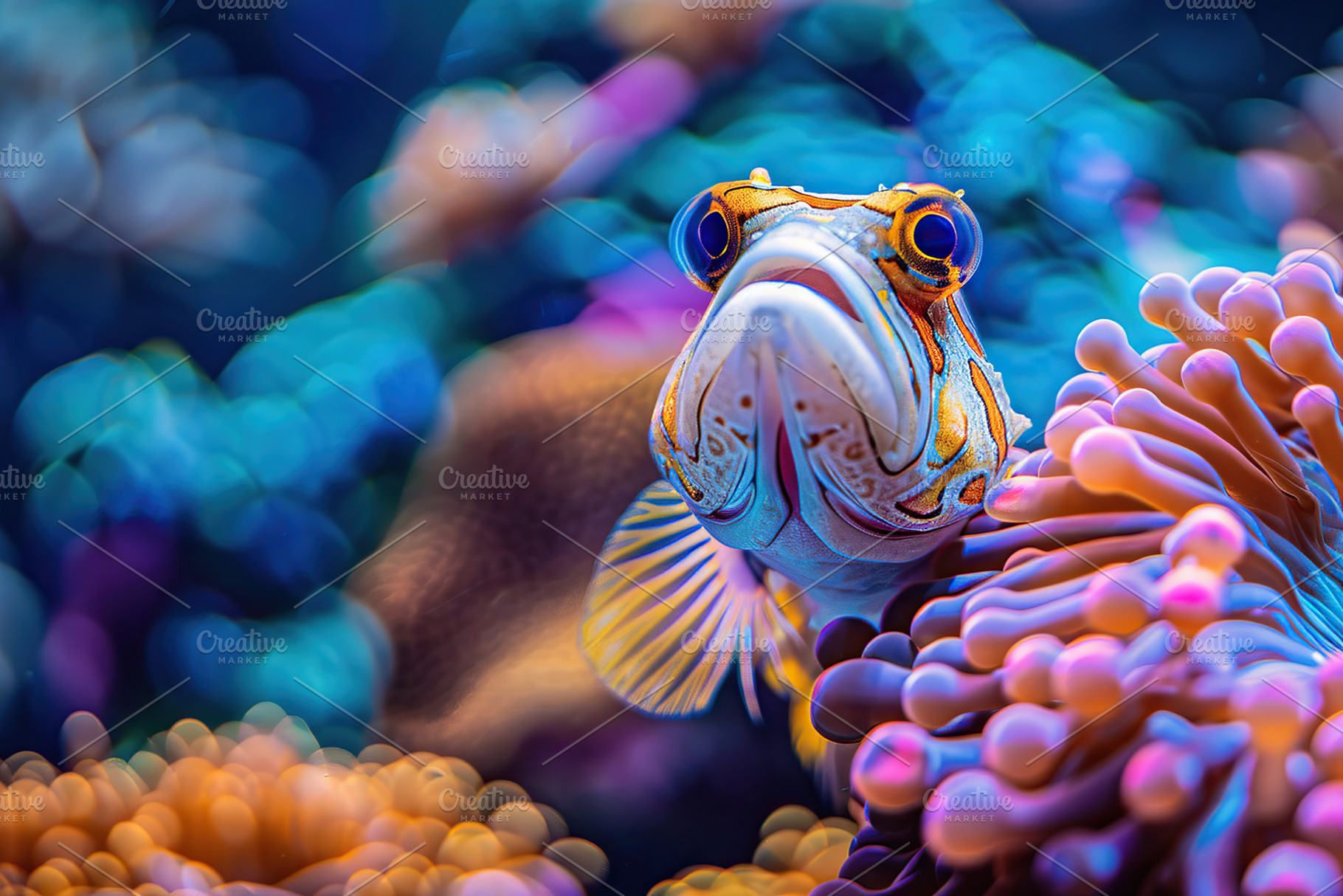Jawfish in aquarium with blue water and corals, an Animal Photo by AlyaAnd