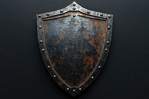 Old rusty shield displayed on a dark, a Photo by Tanuart