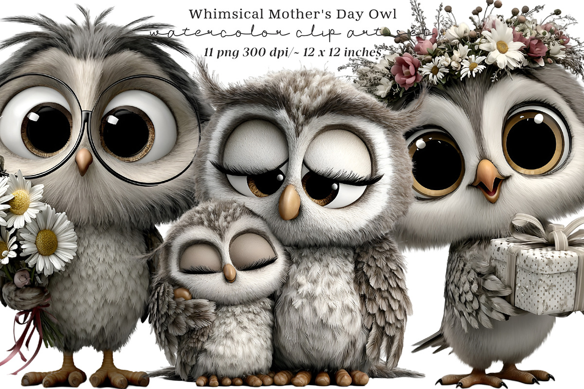 Whimsical Mother's Day Owl Clipart, an Illustration by SinaCreation (Photo 1 of 8)