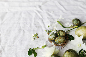 Happy Easter! Stylish natural dyed eggs in nest and spring flowe, a Holiday Photo by Sonjachni
