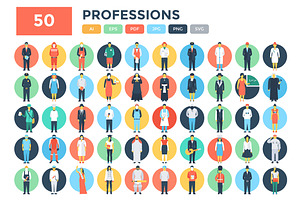 50 Flat Professions Vector Icons