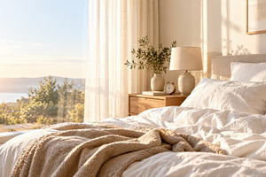 Warm light fills the cozy bedroom