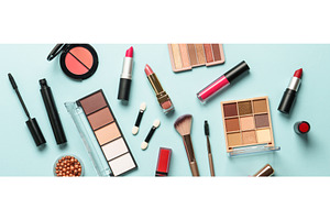 Beauty products on blue background., a Beauty & Fashion Photo by Nadia-nb